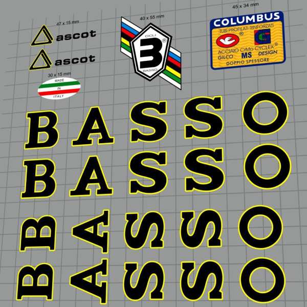 BASSO(バッソ)ascot(アスコット)フレームステッカーセット(1990/ブラック/イエローアウトライン)