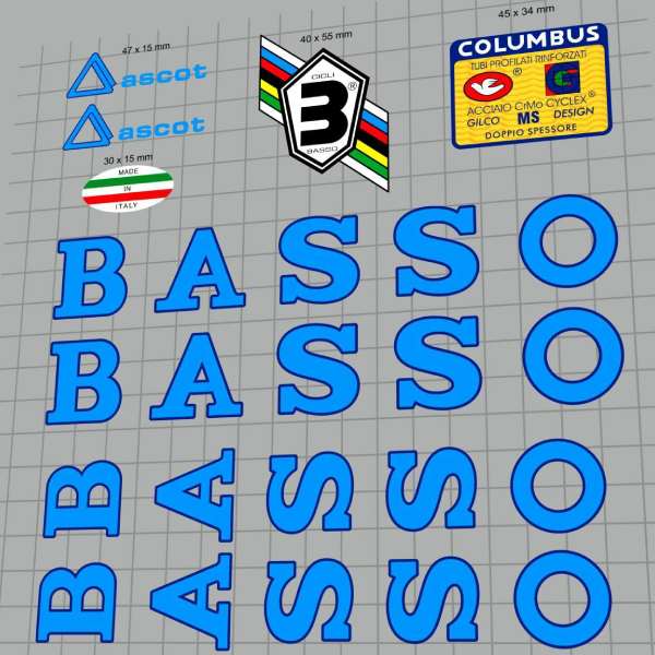 BASSO(バッソ)ascot(アスコット)フレームステッカーセット(1990/ライトブルー/ダークブルーアウトライン)