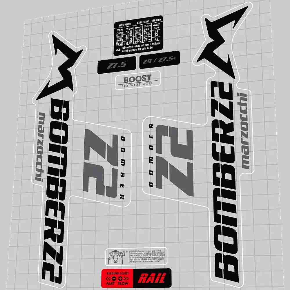 MARZOCCHI(マルゾッキ)BOMBER(ボンバー)Z2フロントサスペンションフォークステッカーセット(2019/ブラック/グレー)