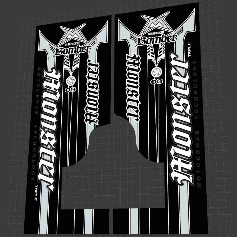 MARZOCCHI(マルゾッキ)bomber monster triple(ボンバーモンスタートリプル)フロントサスペンションフォークステッカーセット(2003/ブラック/グレー/ホワイト)